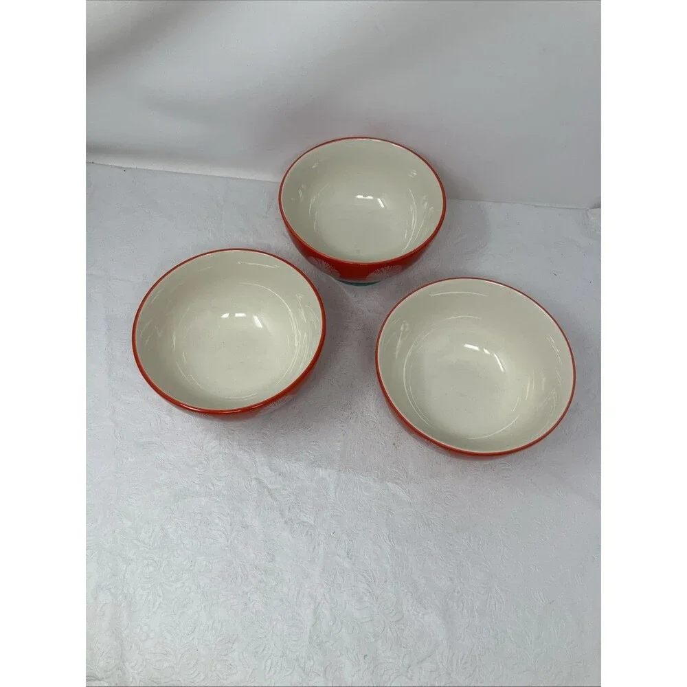 Pioneer Woman Red Starburst Large Cereal Bowls Footed Set of 3